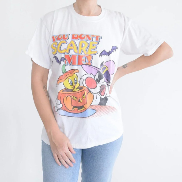 Vintage 90'S Looney Tunes White Halloween Tweety &  Sylvester Short Sleeve Tee M - Picture 2 of 12